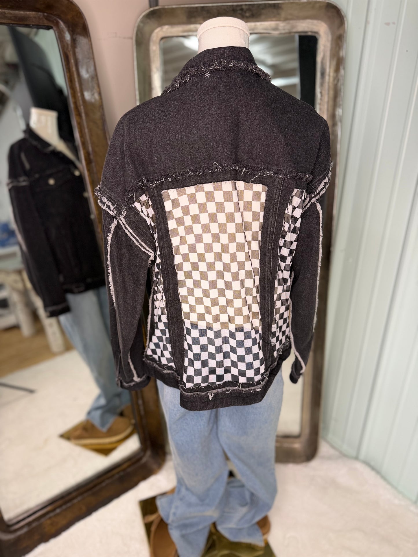 Black checkered mesh Denim jacket