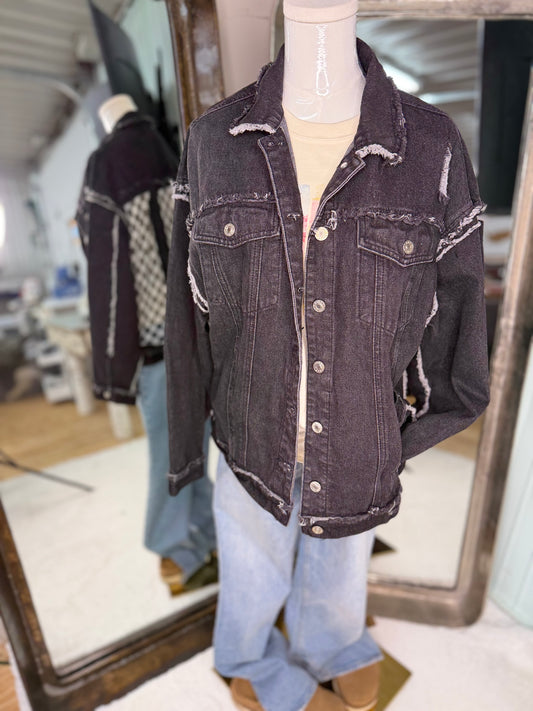 Black checkered mesh Denim jacket