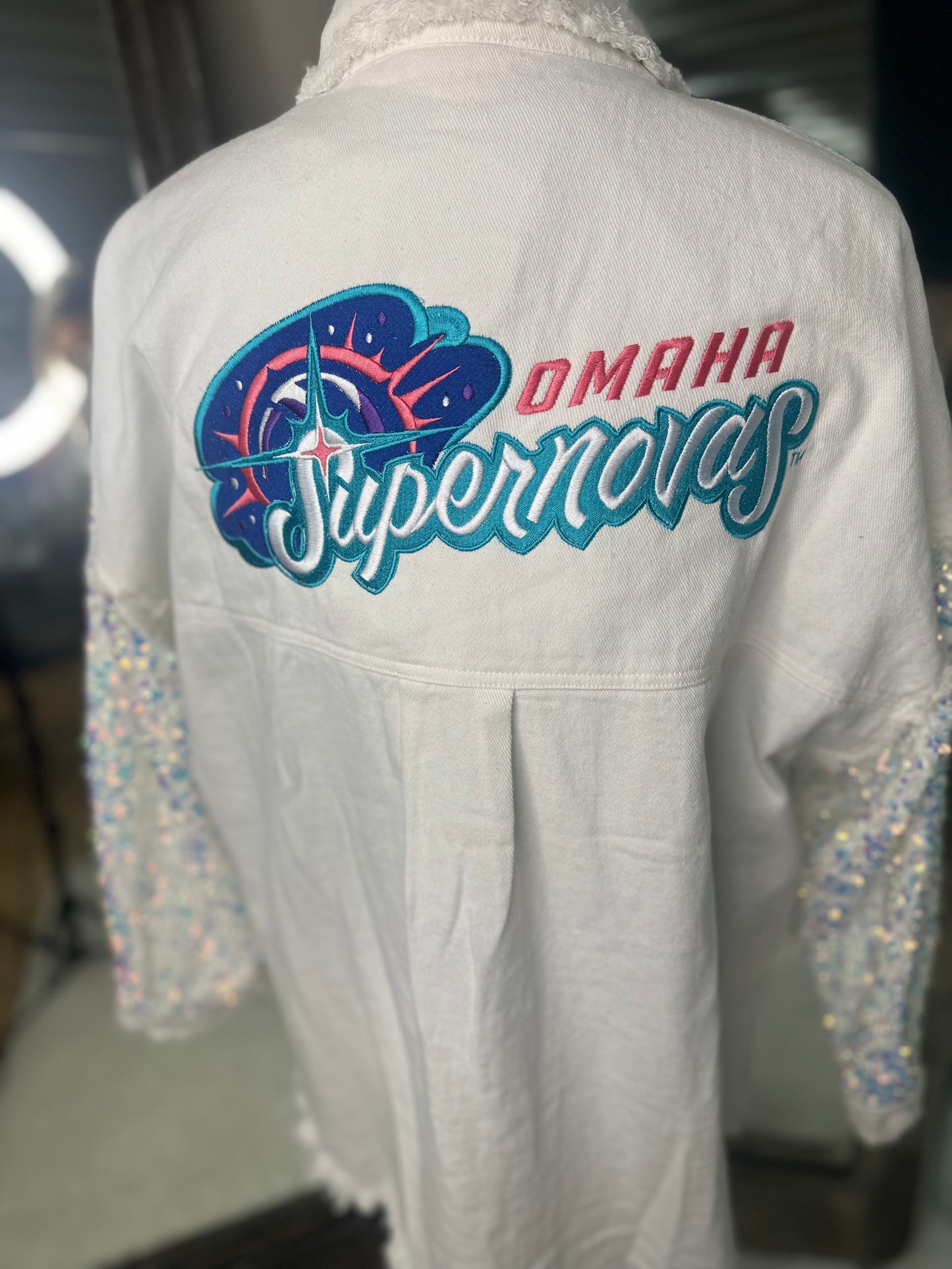 Embroidered Supernovas™ denim sequin shacket