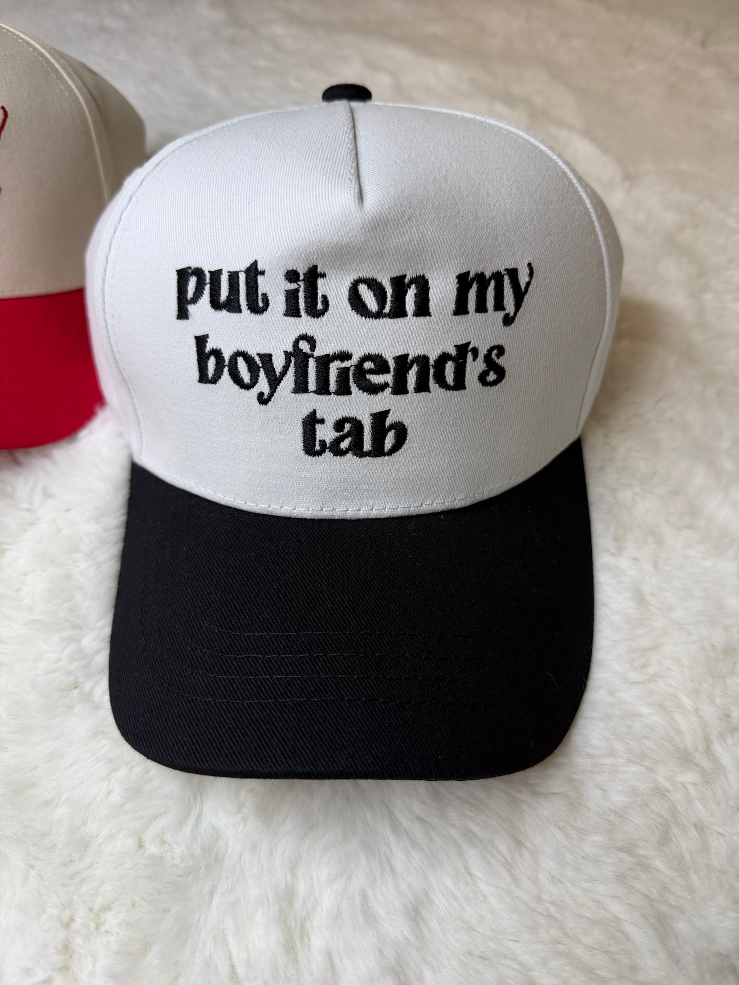 Put It On My Boyfriends Tab Embroidered Trucker Hat