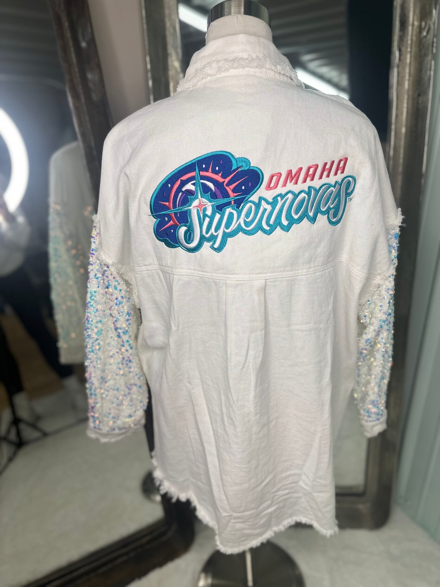 Embroidered Supernovas™ denim sequin shacket