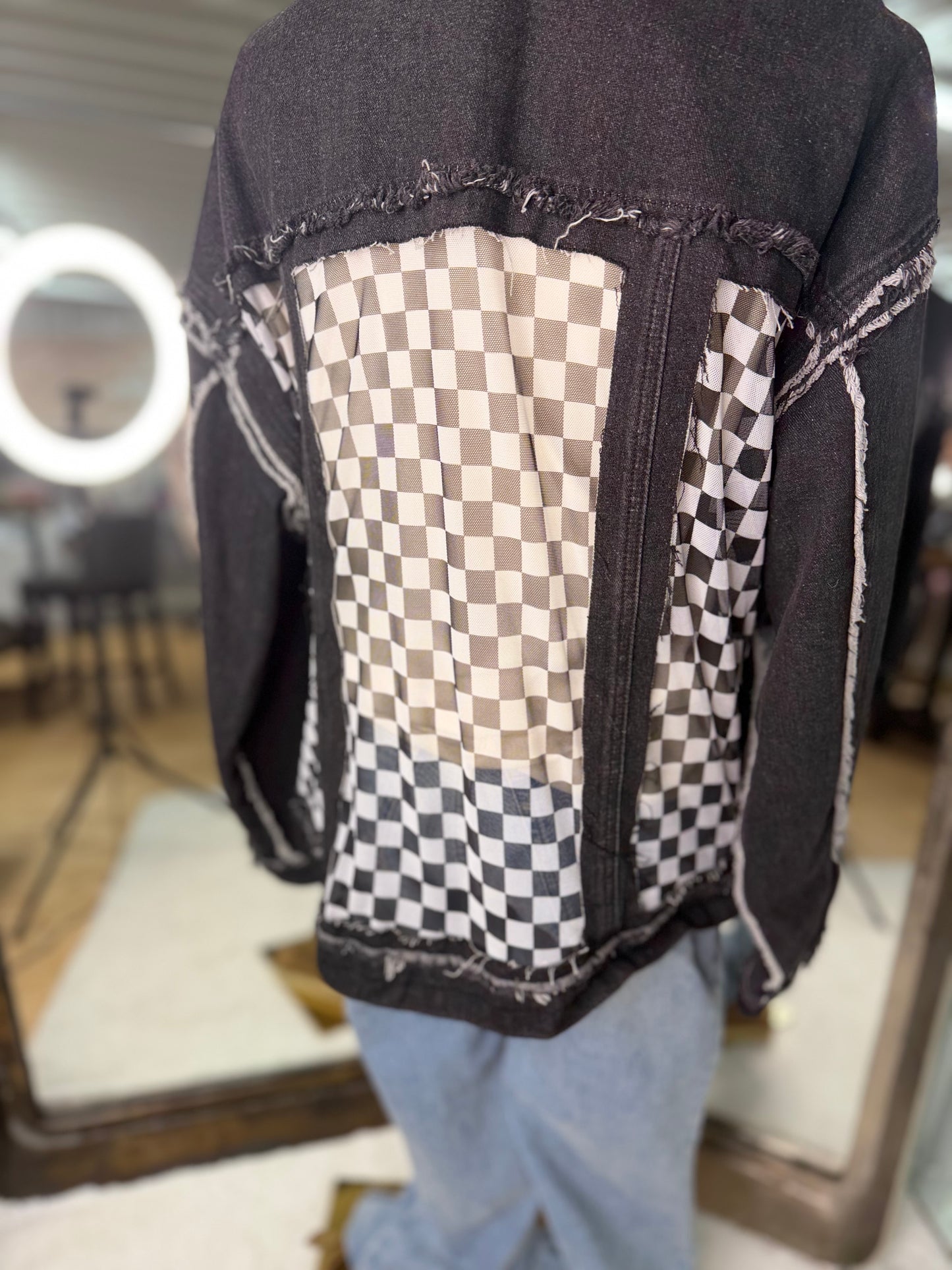 Black checkered mesh Denim jacket