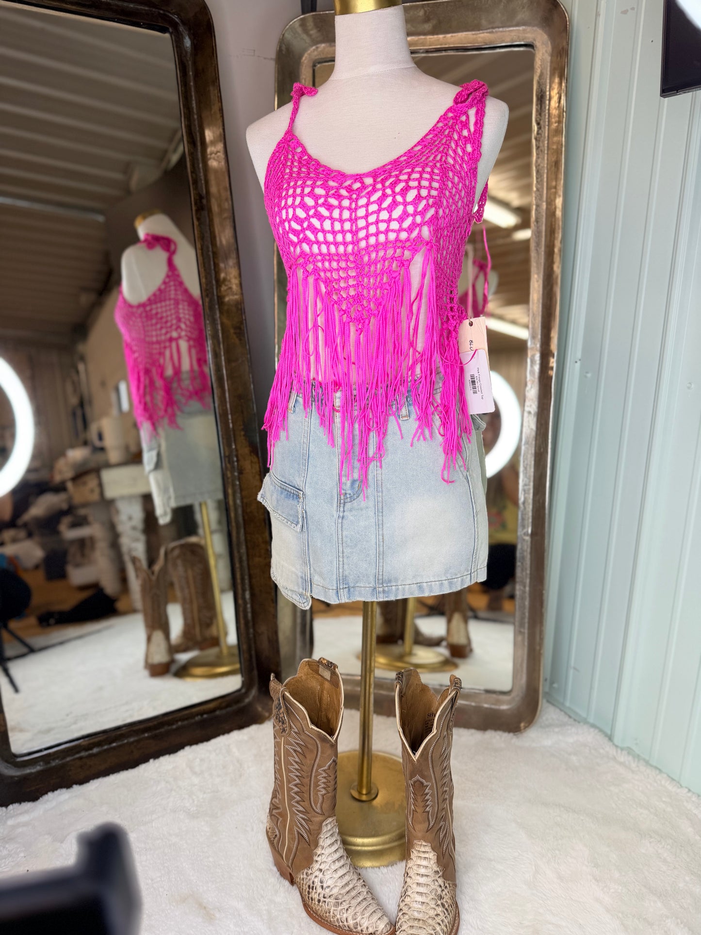 Pink Fringe Crochet Top