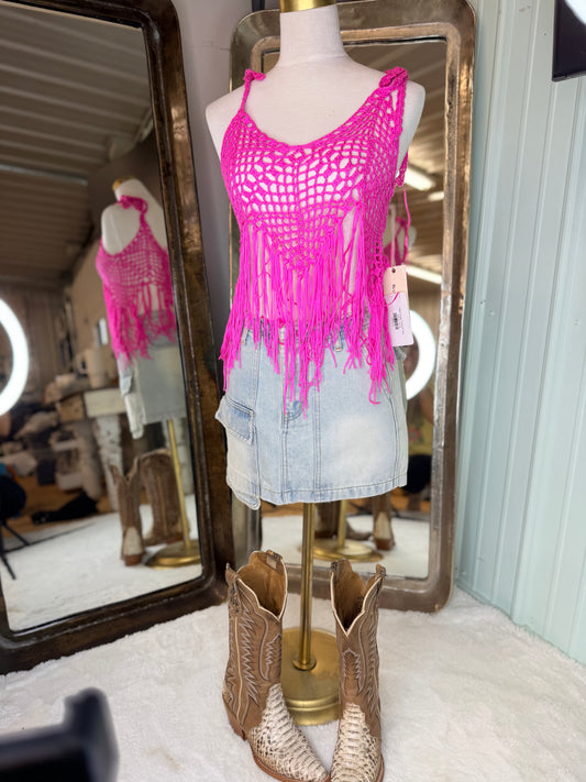 Pink Fringe Crochet Top