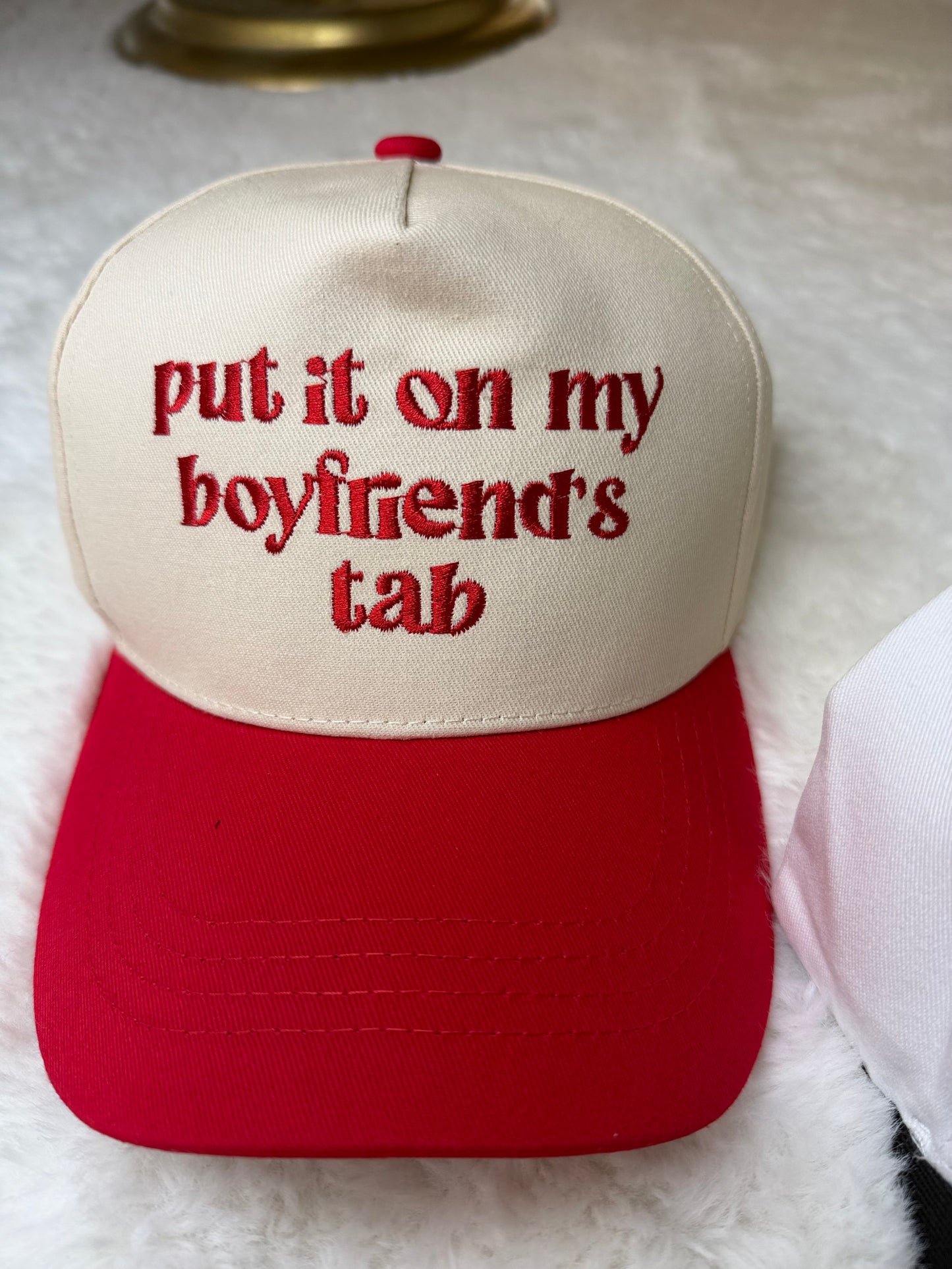 Put It On My Boyfriends Tab Embroidered Trucker Hat