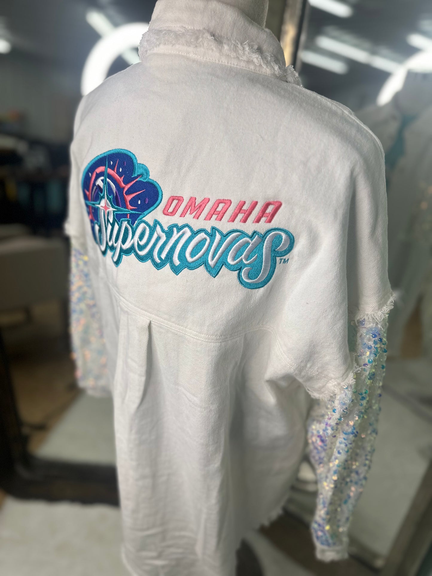 Embroidered Supernovas™ denim sequin shacket